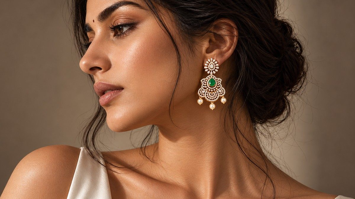 Emerald and pearl drop earrings in gold-plated 925 silver - Vilva Jewels Chennai
